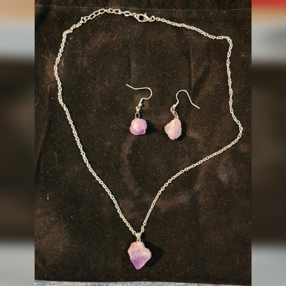 Rough Amethyst Crystal Jewelry Set Raw Purple Stone Necklace and Earrings